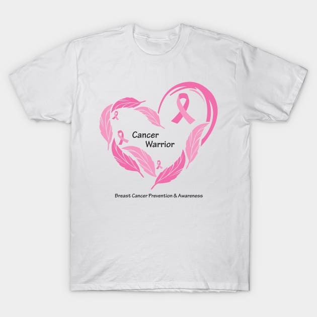 Breast cancer warrior with feathers, ribbons & black type T-Shirt by Just Winging It Designs